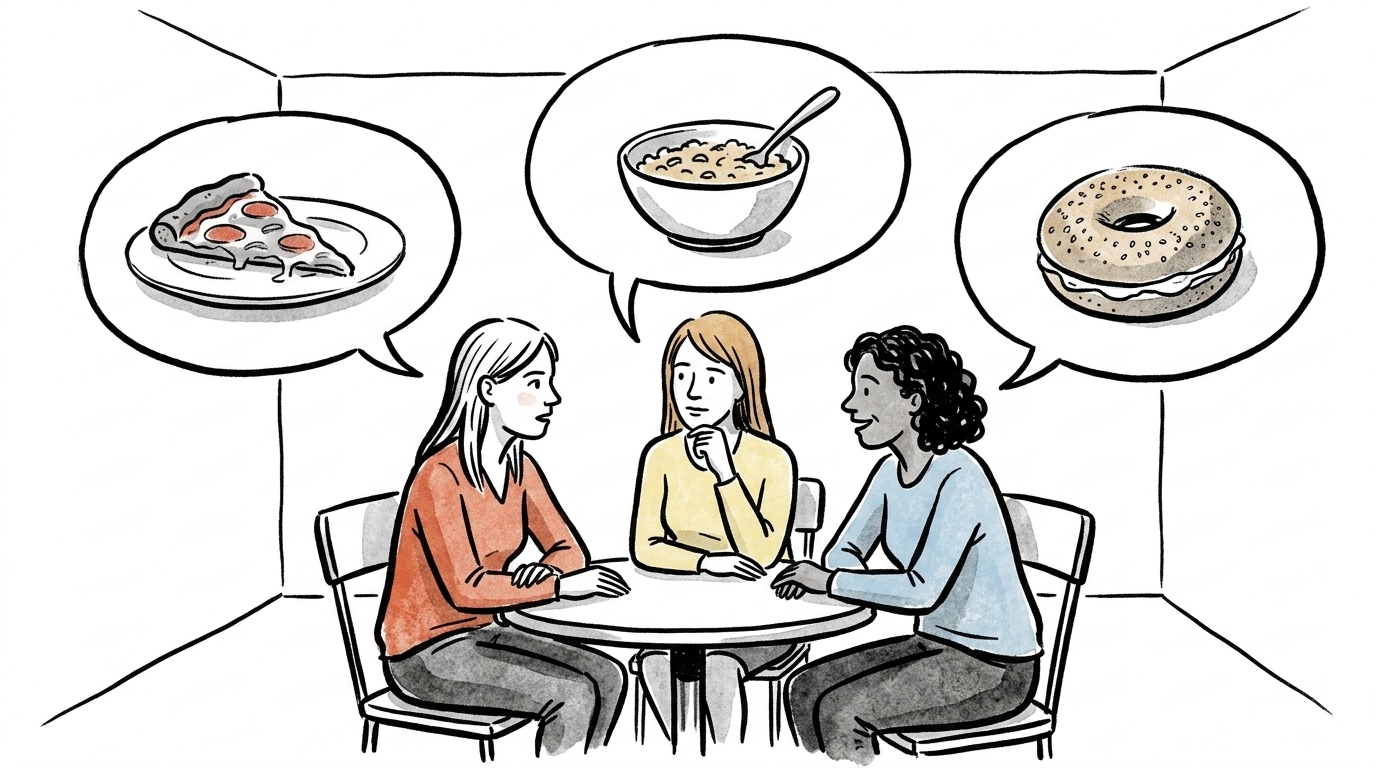 Hand-drawn illustration of women at a table with speech bubbles containing breakfast foods like cold pizza, oatmeal, and a bagel