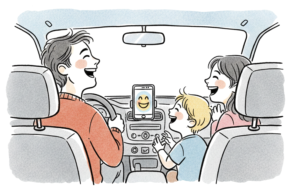 Hand-drawn illustration of a family laughing together in a car while on a speakerphone call with a friend