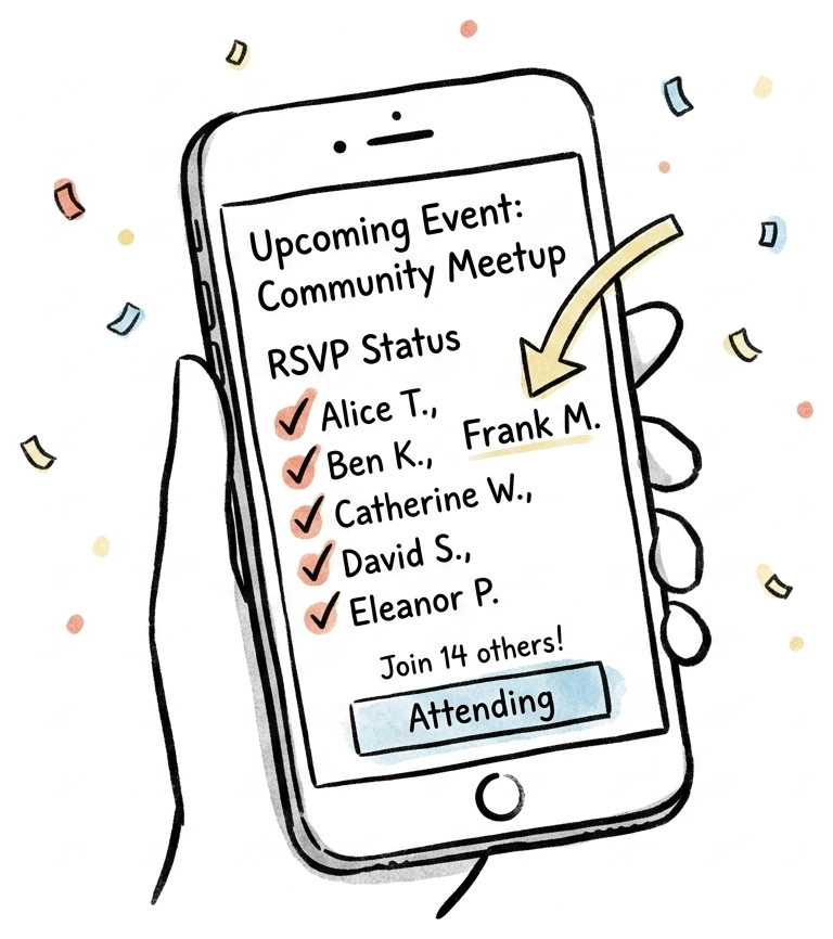 A phone showing a party RSVP page with a growing guest list of names