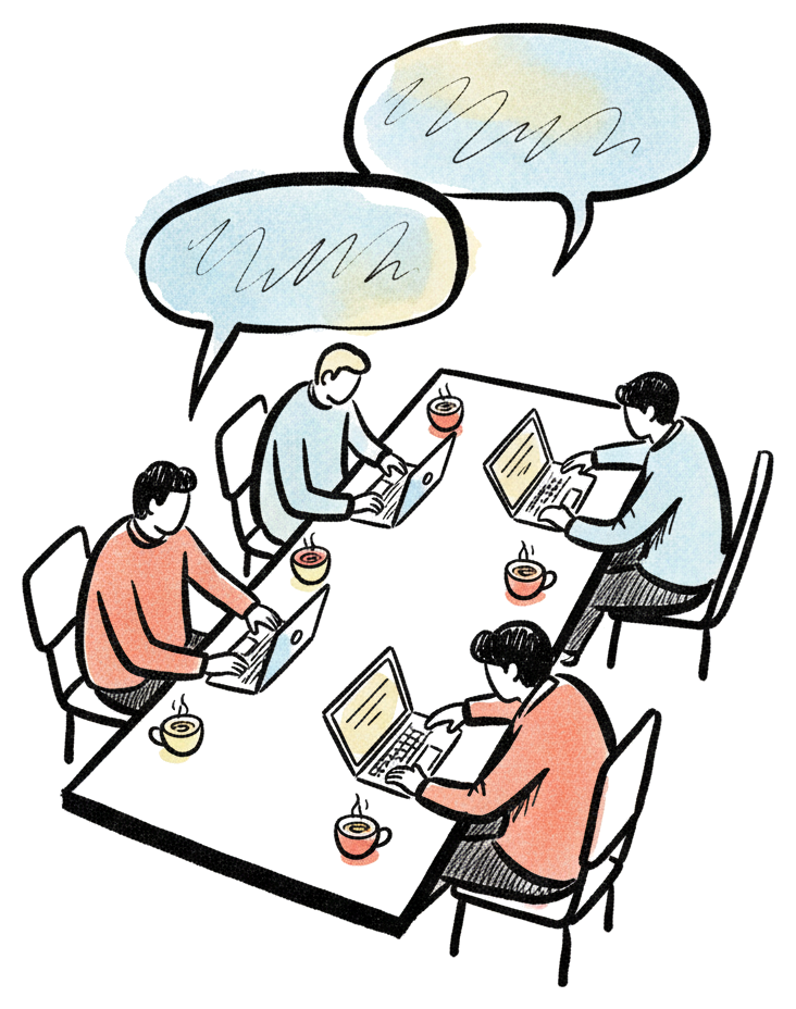 Hand-drawn illustration of four people working together at a coffee shop table with laptops and speech bubbles