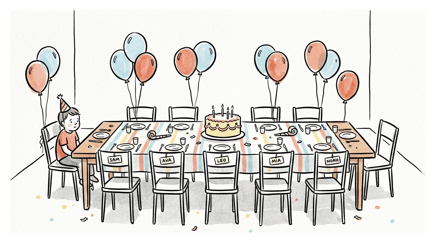 A child in a party hat sits alone at a long decorated birthday party table with empty chairs