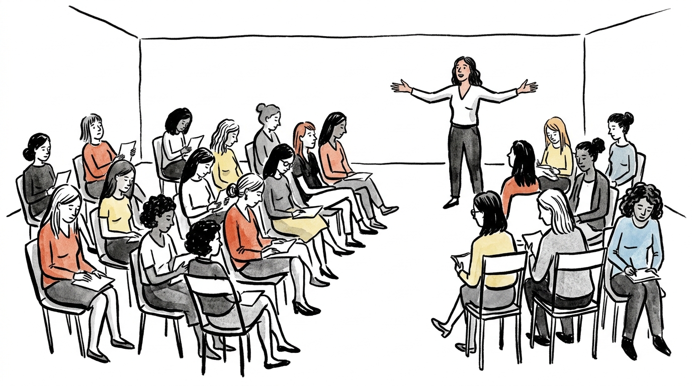 Hand-drawn illustration of women in a meeting room, one standing trying to lead an icebreaker while others look away or down
