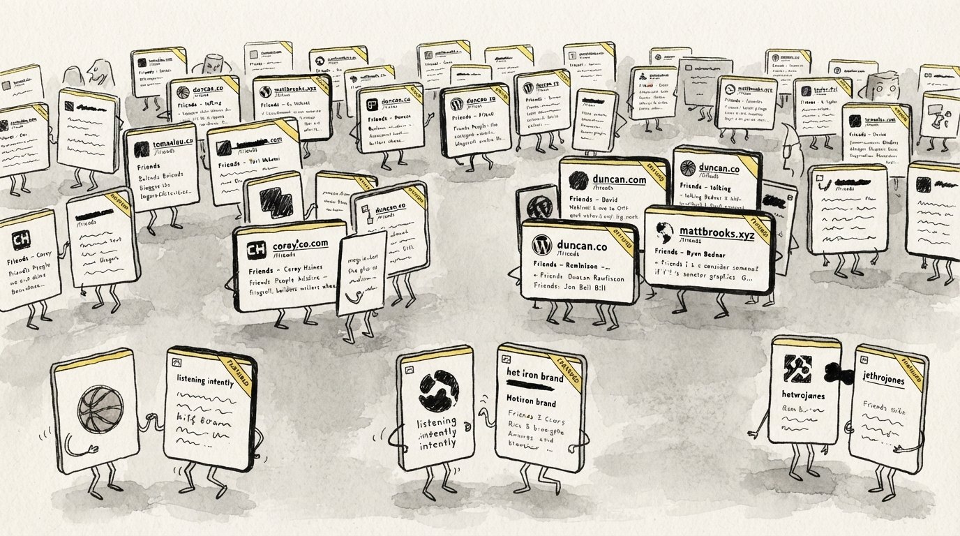 Illustration of website cards standing upright like people mingling at a party