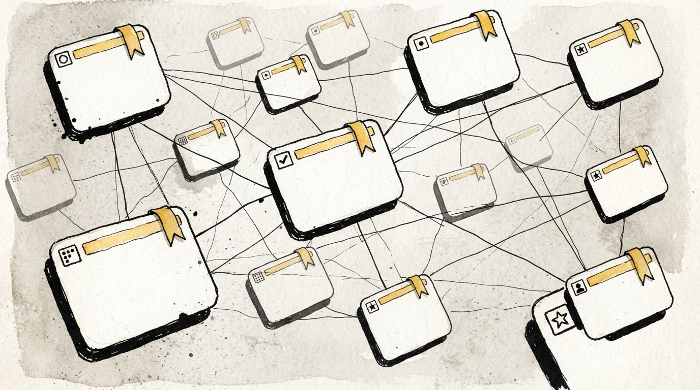 Illustration of website cards floating in space connected by inked lines like a constellation