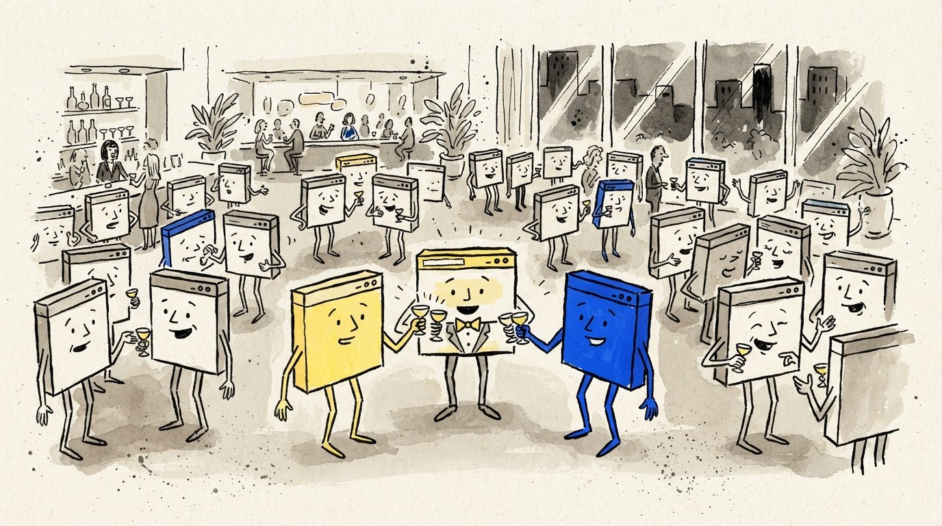 Illustration of browser windows with legs mingling at a cocktail party, one introducing two others