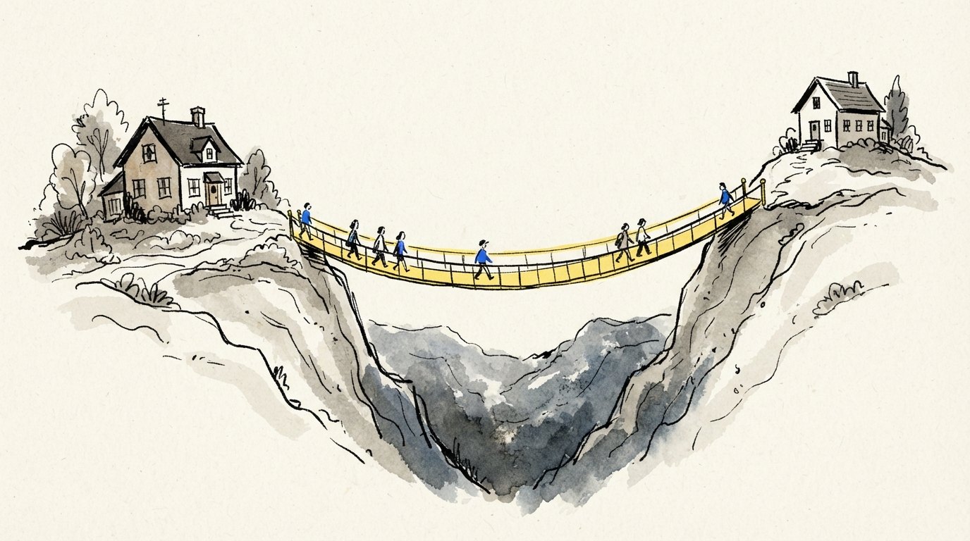Illustration of two houses on separate hills joined by a single yellow rope bridge