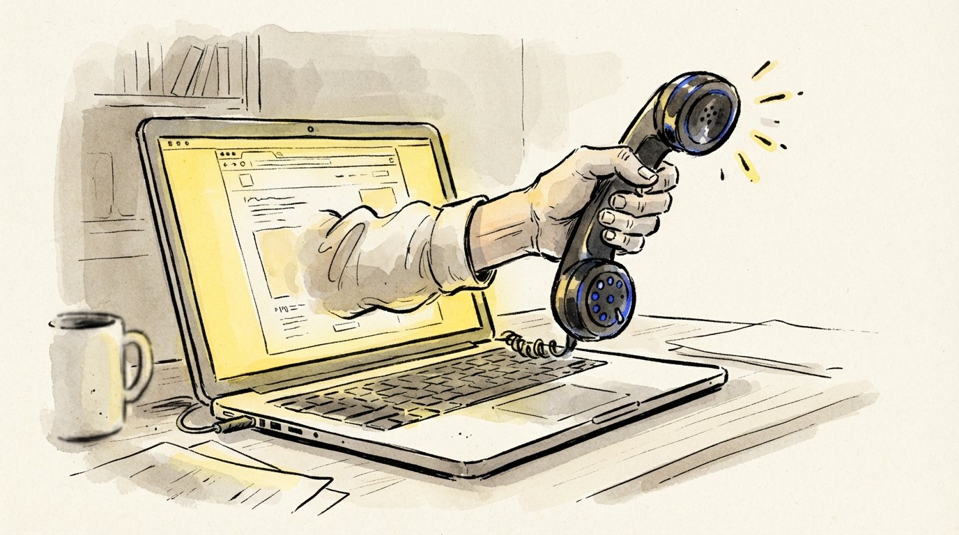 Illustration of a hand reaching out of a laptop screen holding a ringing telephone handset toward the viewer