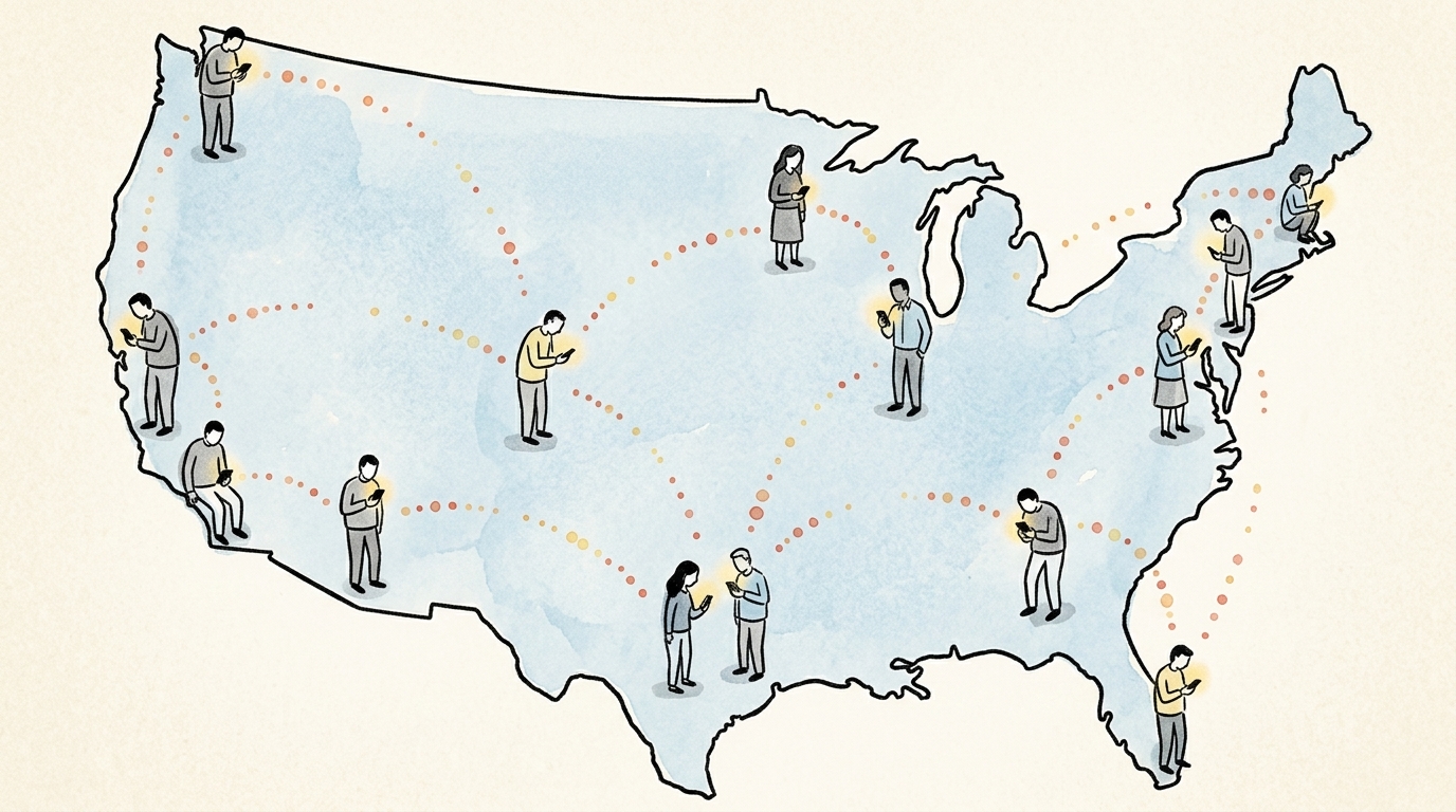 Hand-drawn map of the United States with isolated figures on phones across the country, dotted lines connecting some cities and missing between others, illustrating the friendship recession as a nationwide pattern