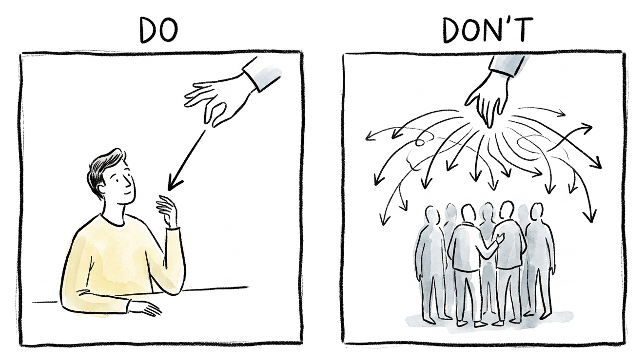 Do: one arrow to a single person. Don't: arrows spraying out to a faceless crowd