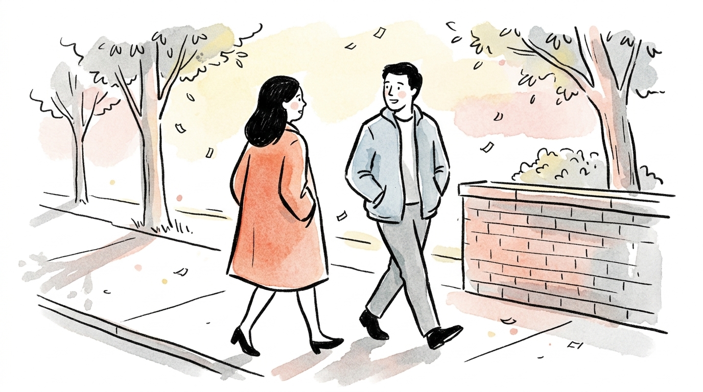 Hand-drawn illustration of two friends walking side by side on a tree-lined sidewalk in soft late-afternoon light, autumn leaves drifting around them, talking quietly
