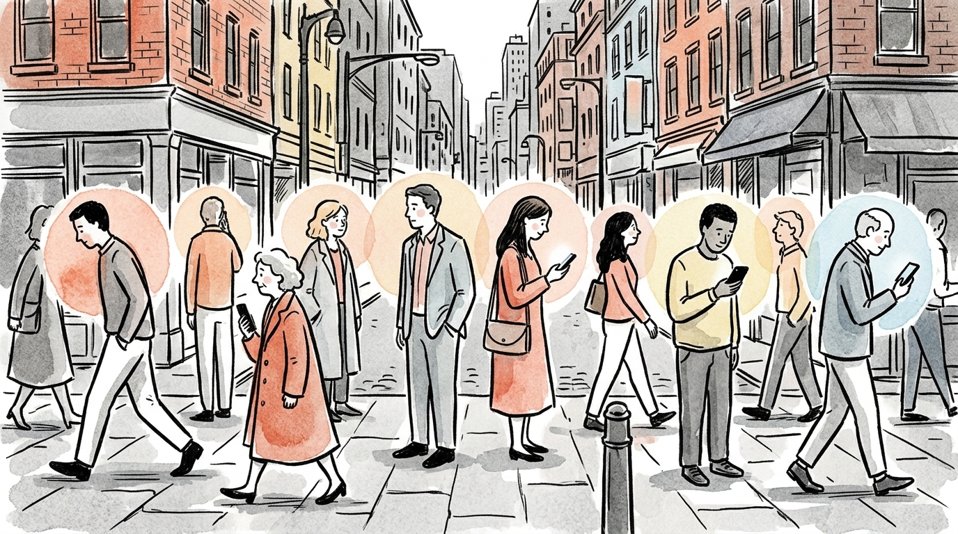 Hand-drawn illustration of a crowded city sidewalk with adults of varied ages, each figure inside a faint halo of pale color isolating them visually from the others