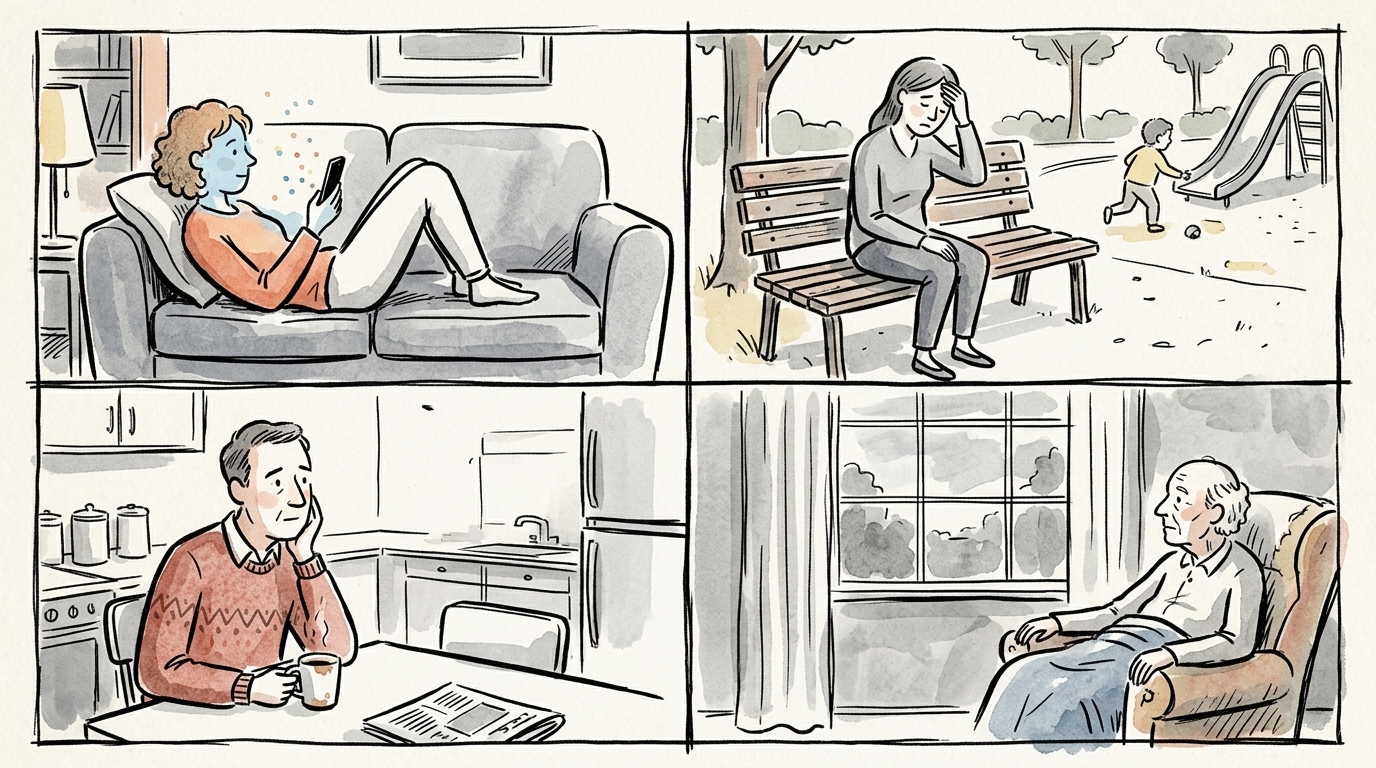 Hand-drawn 2x2 grid showing a young woman scrolling her phone, a tired mother on a park bench, a middle-aged man at a kitchen table, and an elderly person in an armchair — each alone, all in the same muted palette