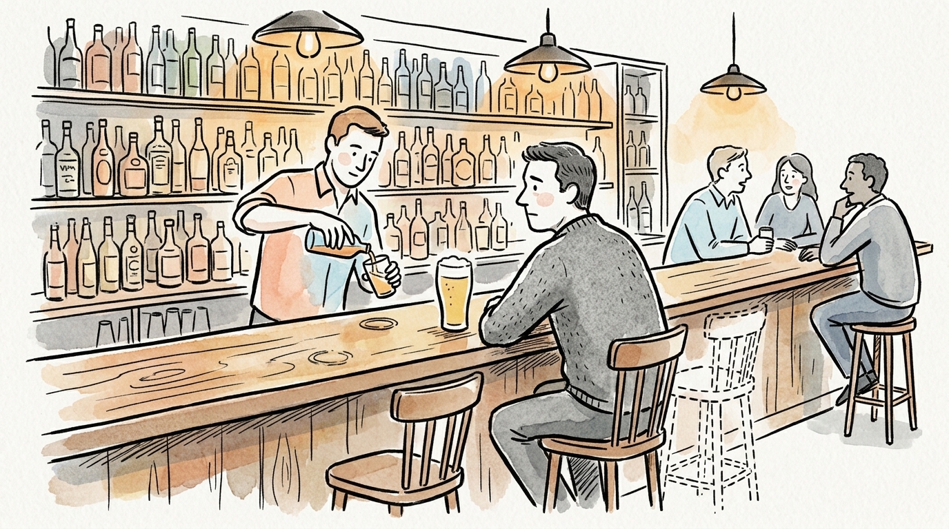 Hand-drawn illustration of a man alone at a bar counter with a half-finished beer, an empty stool beside him drawn in faded dashed outlines suggesting an absent friend
