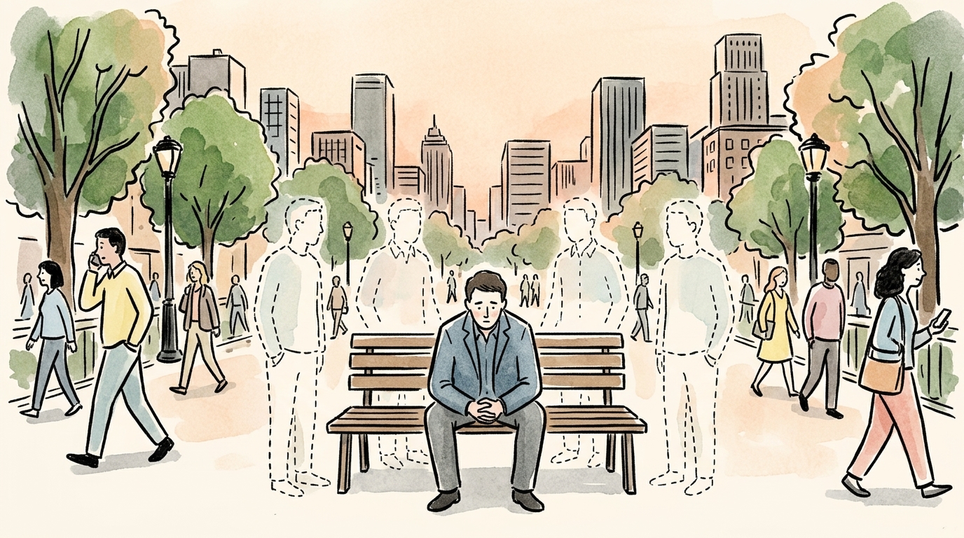 Hand-drawn illustration of a man sitting alone on a park bench in the late afternoon, with faded ghost outlines of friends standing nearby, illustrating the decline in men's close friendships