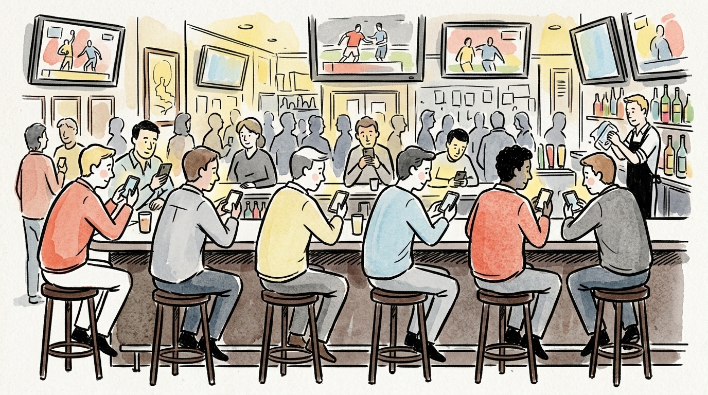 Hand-drawn illustration of men seated in a row at a sports bar counter, each looking at his own phone instead of talking to each other