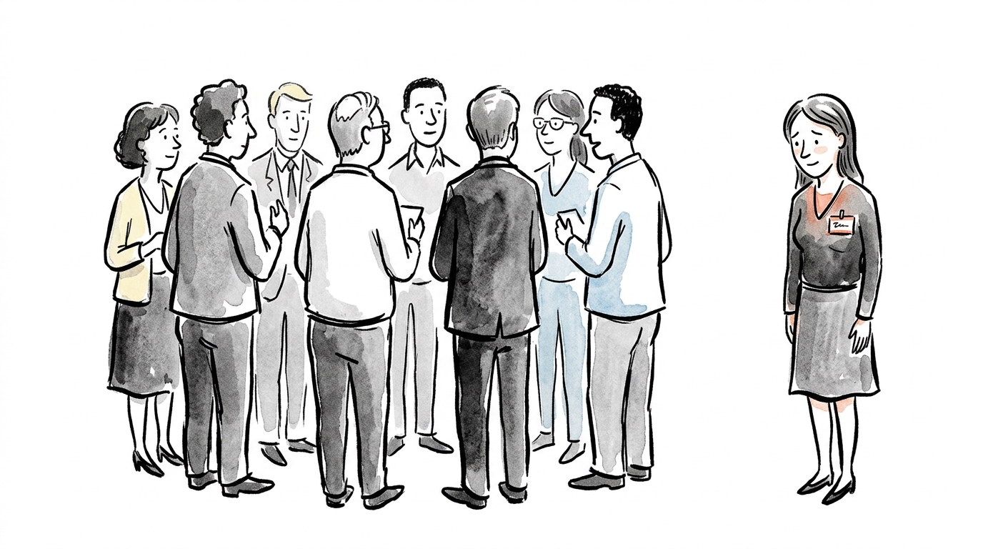 Hand-drawn illustration of a woman with a name tag standing at the edge of a tight existing group that's facing inward away from her