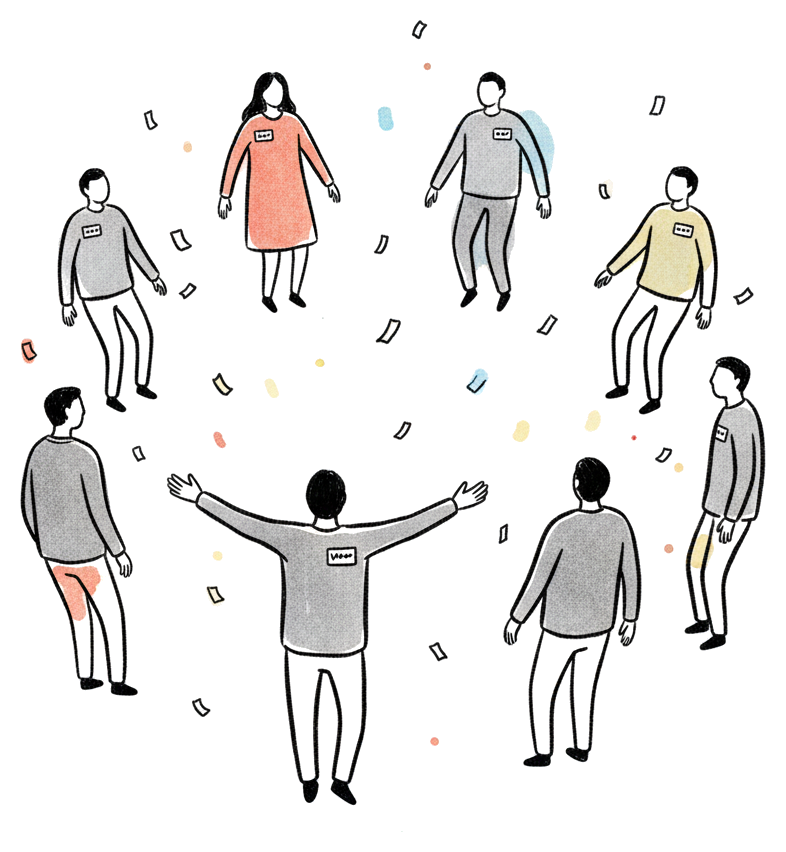 Hand-drawn illustration of a person with arms open welcoming a group of people wearing name tags at a gathering