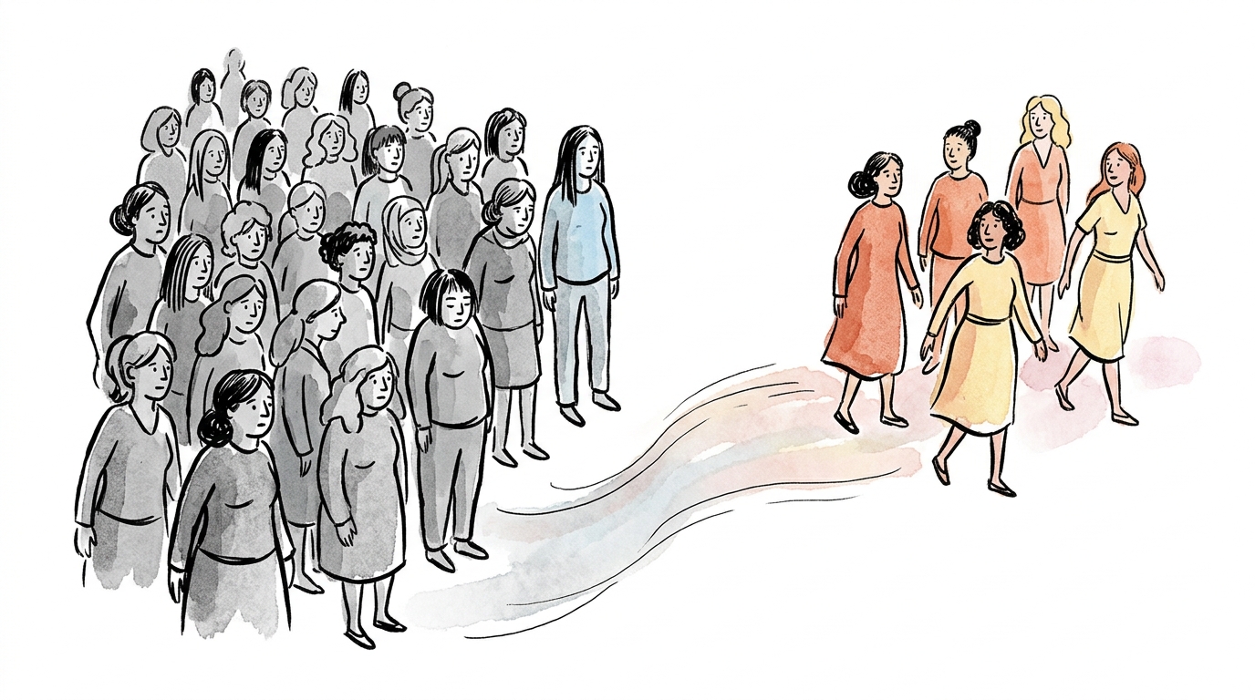 Hand-drawn illustration of a larger gray crowd on the left with a smaller warm-colored group of women branching off to the right