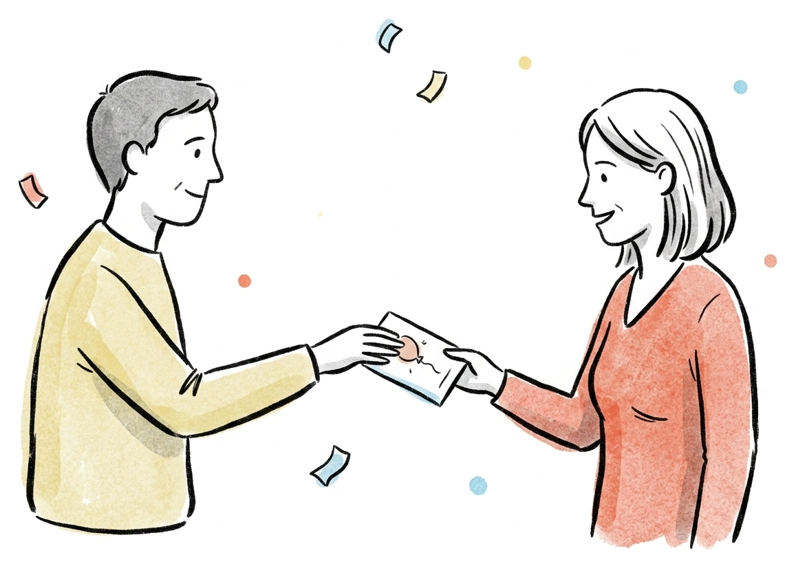 One hand giving a single party invitation directly to one person