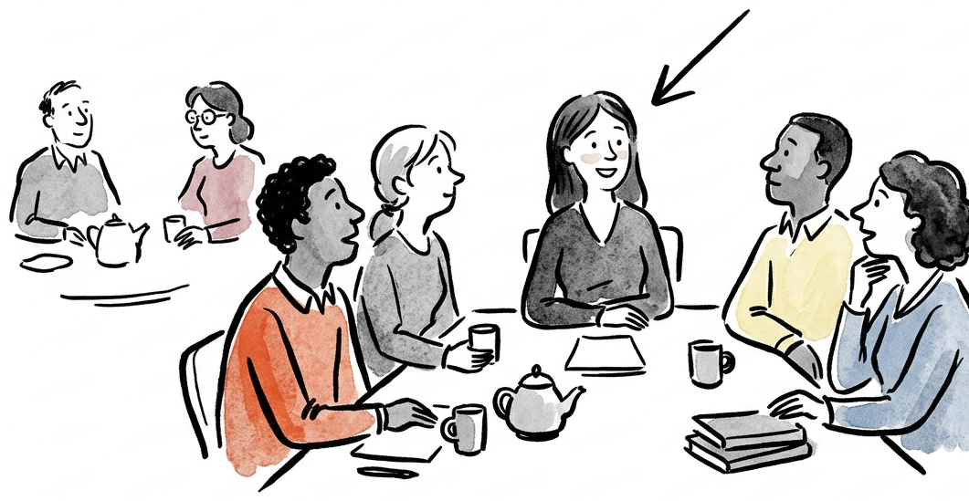 Hand-drawn illustration of an arrow pointing at one seated woman at a table while the others look at her expectantly