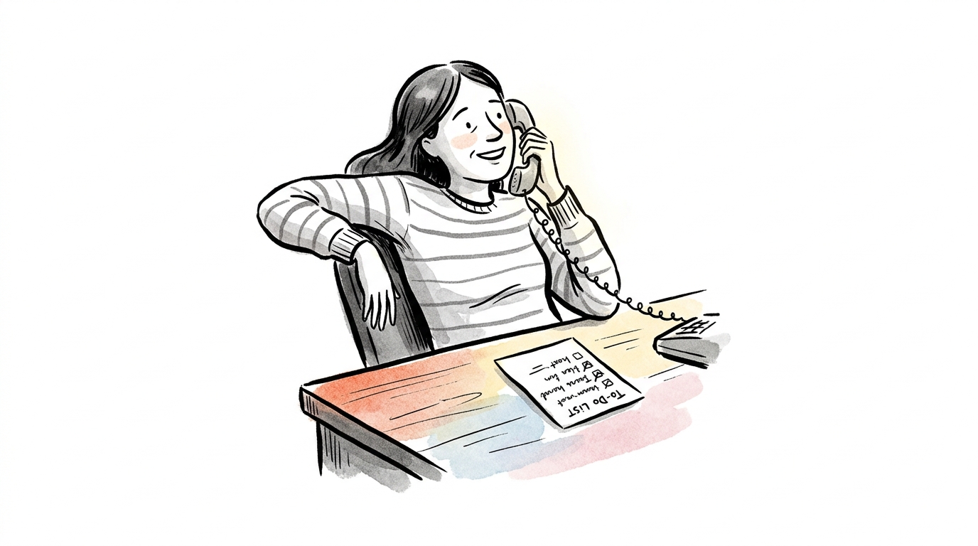 Hand-drawn illustration of a woman at a desk holding a phone with a relieved smile and a checked-off to-do list in front of her