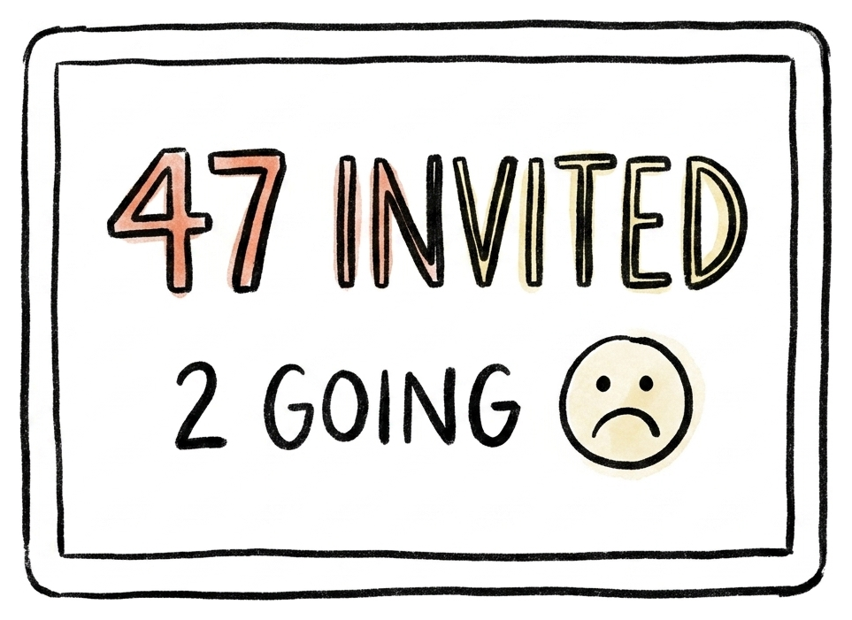 An event page reading 47 invited and only 2 going, with a frowny face
