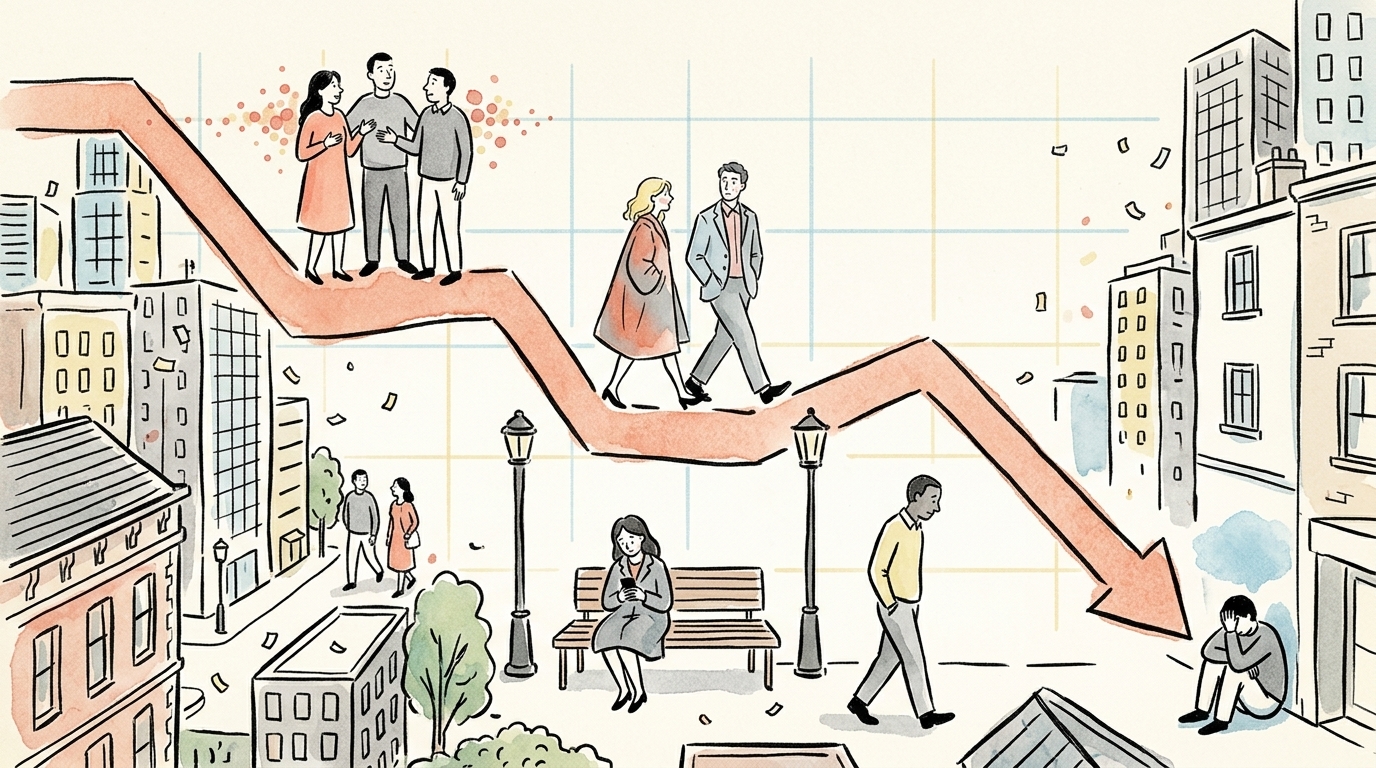 Hand-drawn illustration of a downward-sloping line graph with adult figures positioned along the descending line, getting smaller and more isolated as the line drops, visualizing the friendship recession trend